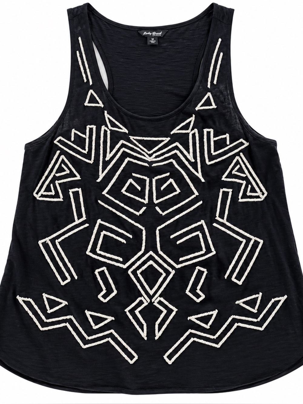 Lucky Brand Black & Ivory Embroidered Boho Tank Top Size Medium